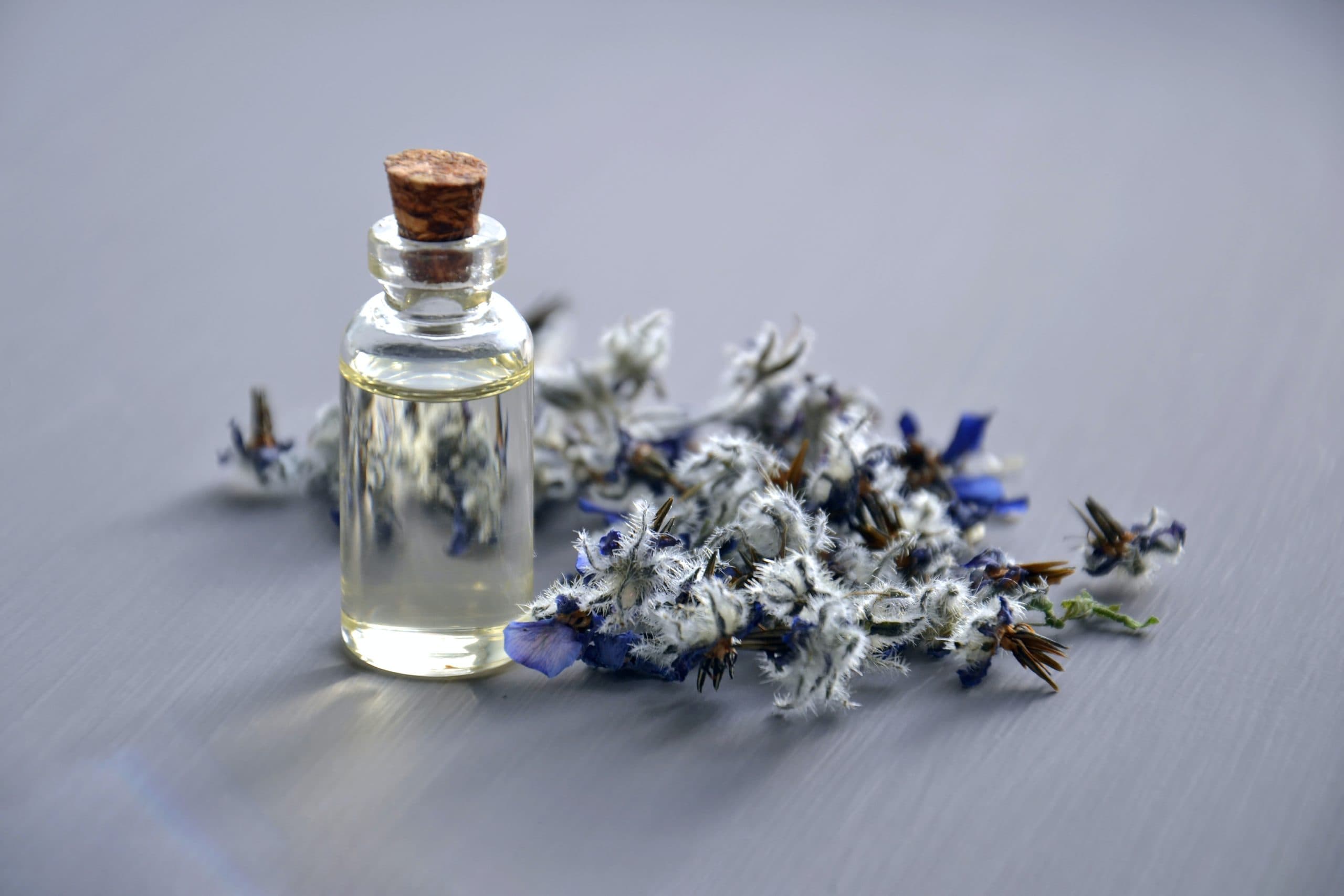 Coconut jar surrounded by lavender branch