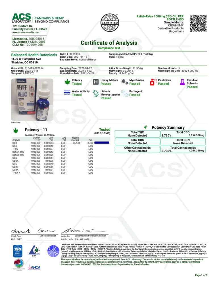 A sample COA from cbdistillery.com proving that their products are safe