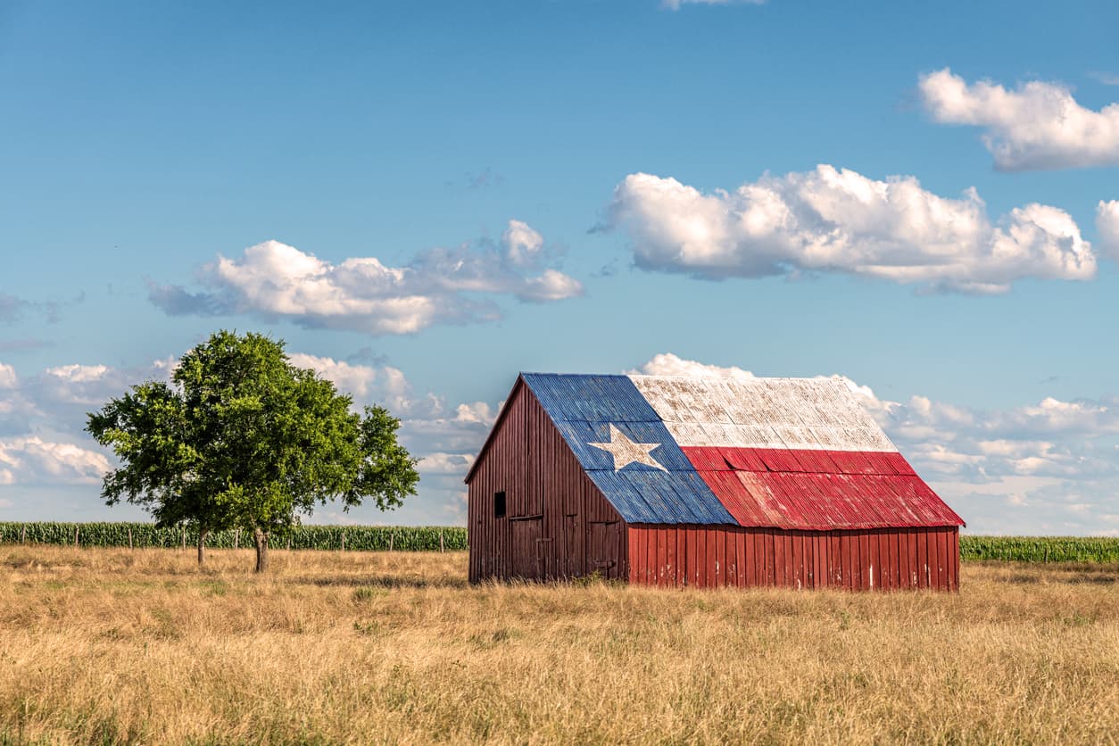 An abandoned old barn with the symbol of Texas painted on the roof sits in a rural area of the state, framed by farmland.