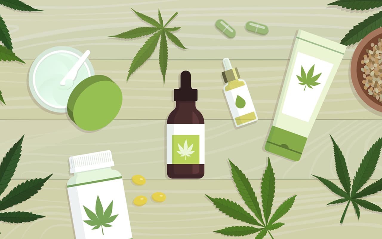 Hemp cosmetics, cbd oil and cannabis medicine with hemp leaves