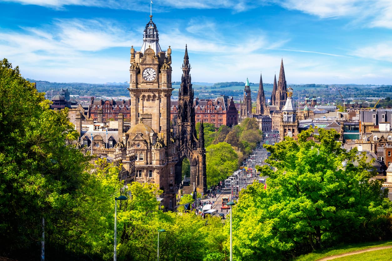 View from the Calton Hill on Princes Street in Edinburgh, Scotland, UK