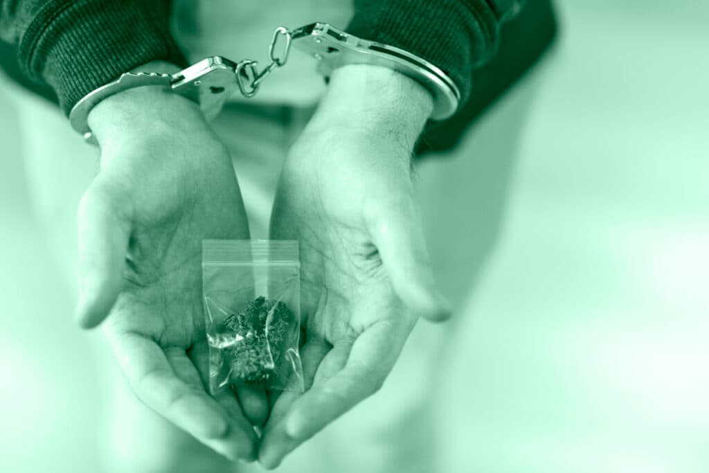 Young caucasian man wearing sweater arrested for possession of illegal marijuana drugs holding a bag of marijuana and a green cannabis leaf.