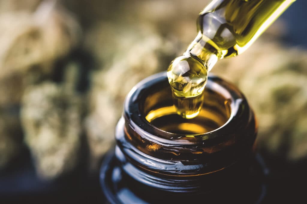 CBD Hemp oil, Hand holding droplet of Cannabis oil against Marijuana buds. Alternative Medicine