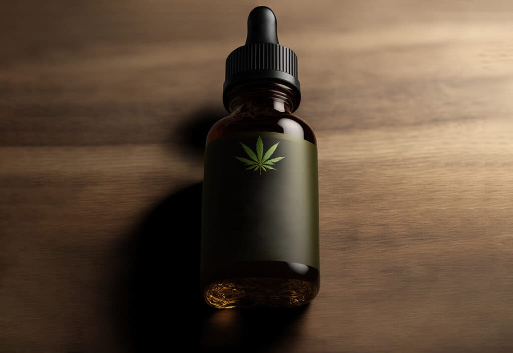 CBD oil glass container over dark background. Medicinal marijuana, health care and alternative treatment. Generative AI Illustration