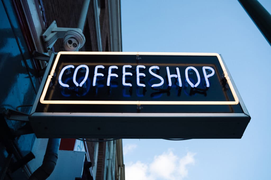 Amsterdam, day, morning, no people, coffeeshop, street, neon, sign, symbol, drugs,