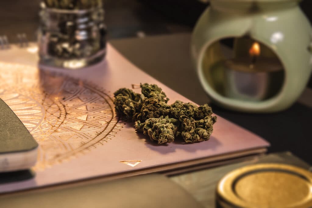 Cannabis buds on notebooks with glass jar, gold lid, incense bur