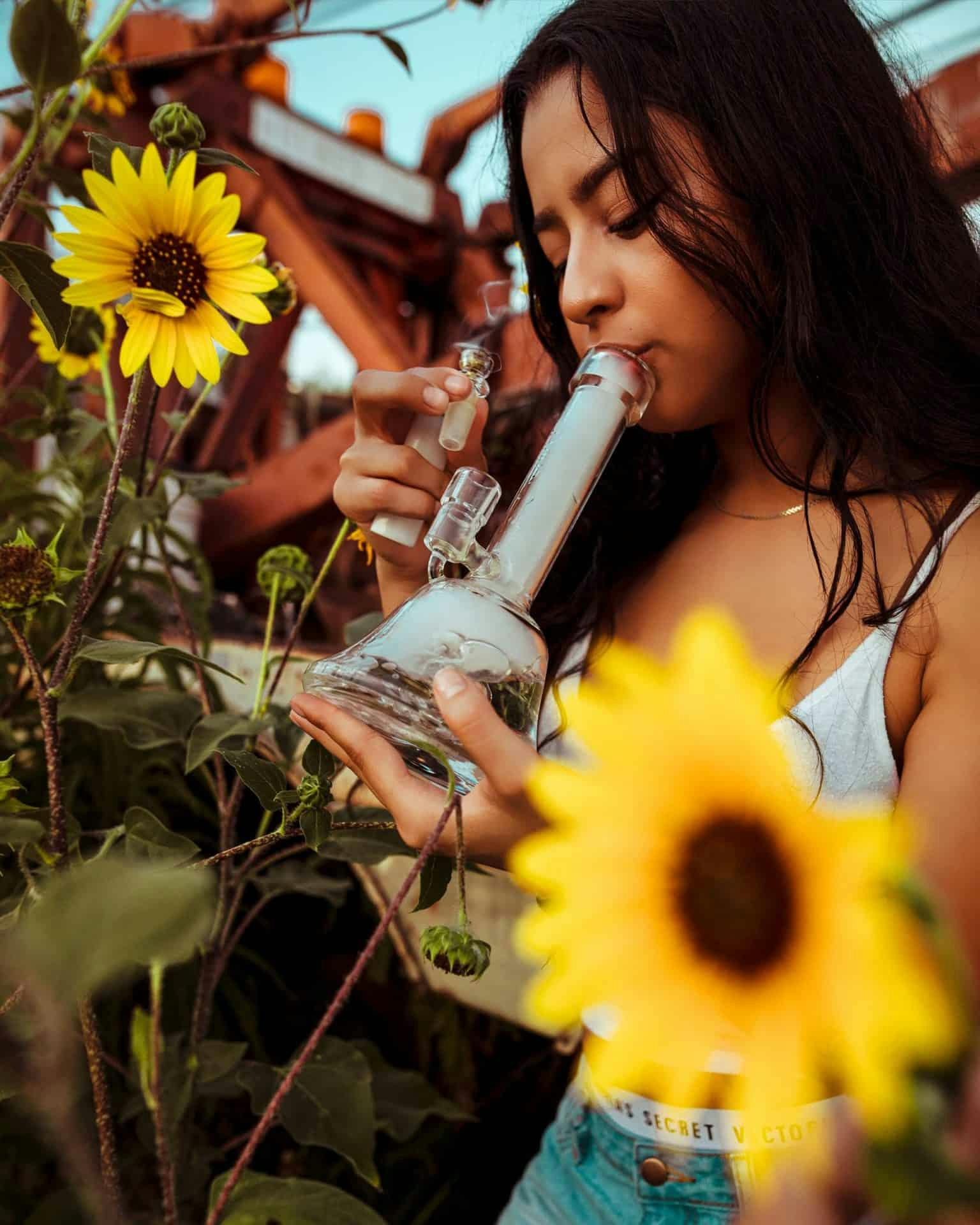 photo of a girl ripping a bong with sunflowers around her