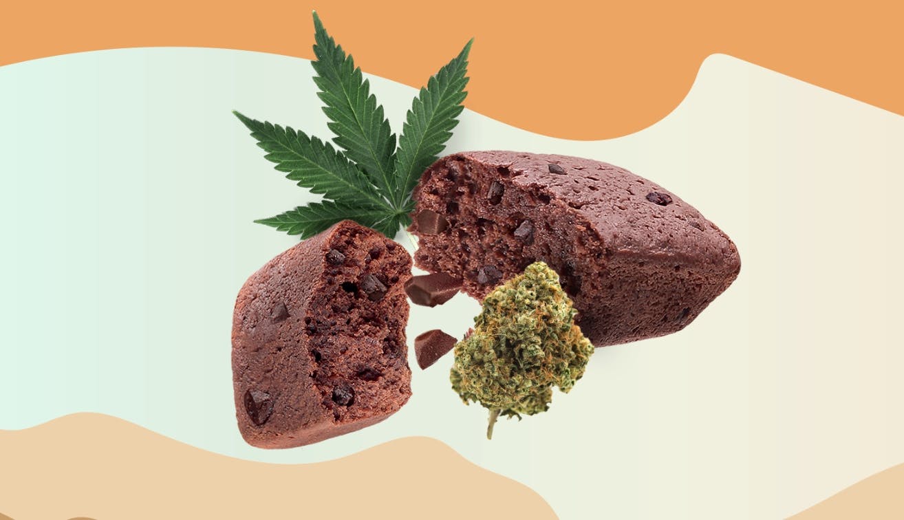 Weed leaf, a brownie split in half, and marijuana bud