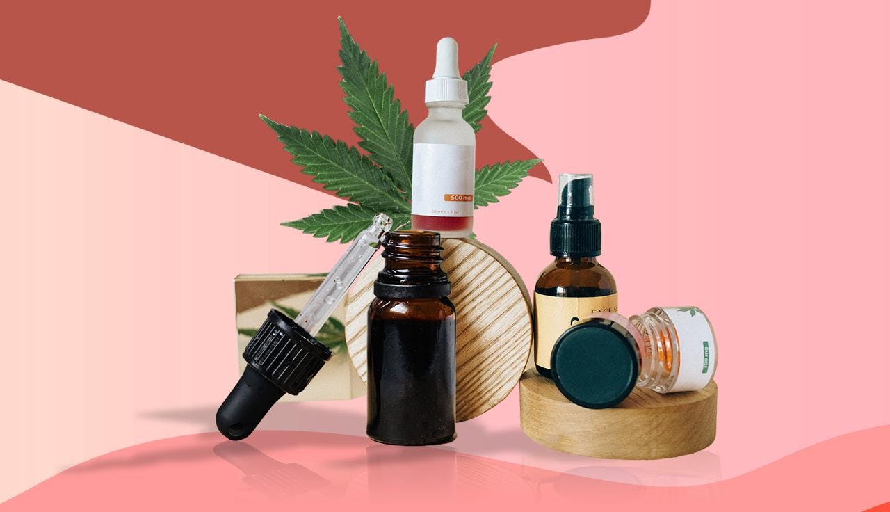 Cannabis oils, drops, rubs, and a leaf with colourful background