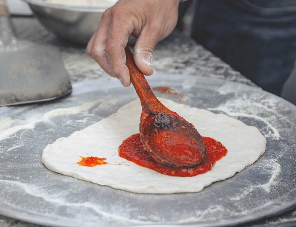 A man spreads pizza sauce on top of dough, by Jason Jarrach via Unsplash
