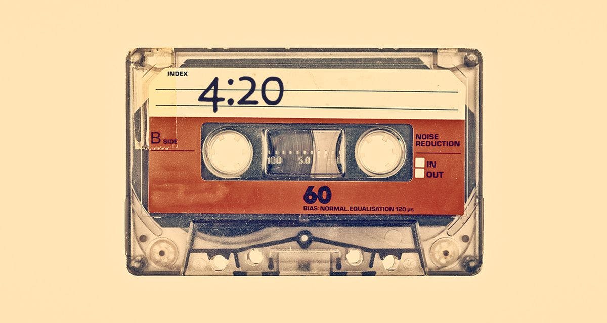 A casette tape with 4:20 written on front. Via iStock