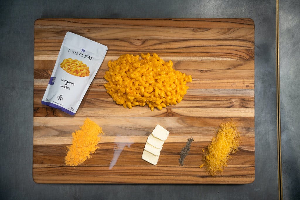 All the ingredients for LeafLink's Mac and cheese laid out on a cutting board