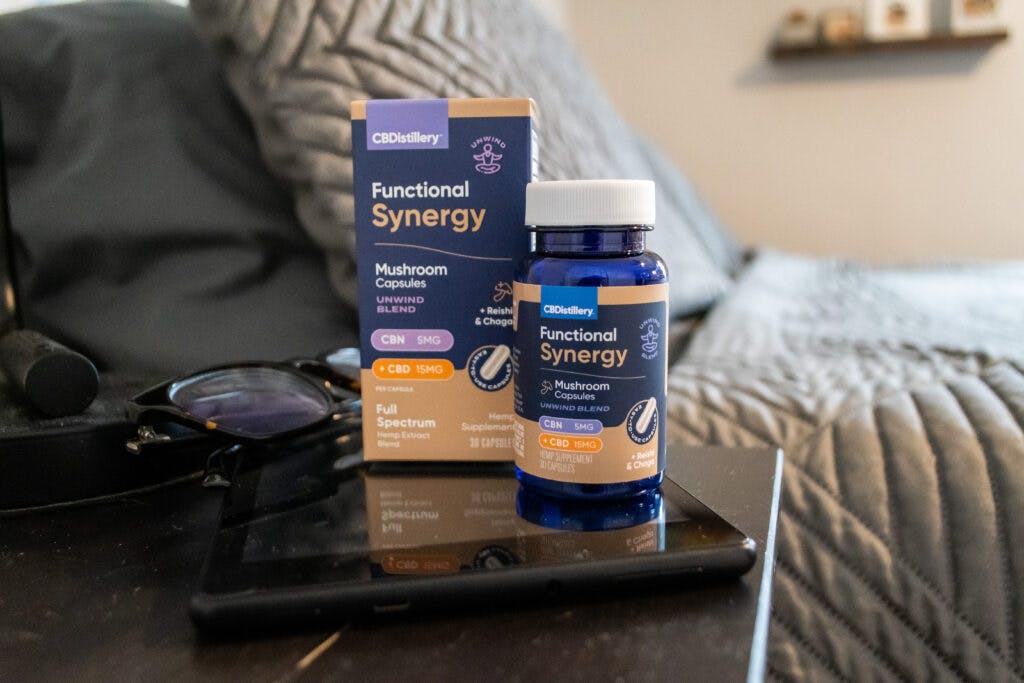 Functional Synergy box and bottle sitting on a nightstand