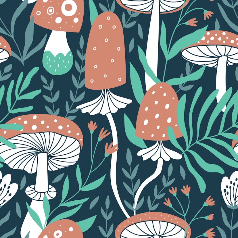 illustration of magic mushrooms with foliage in the background