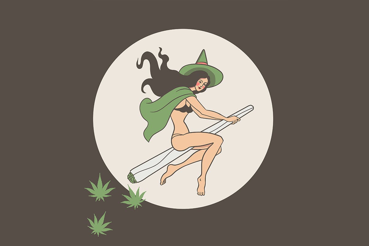 girl witch flies on a marijuana joint