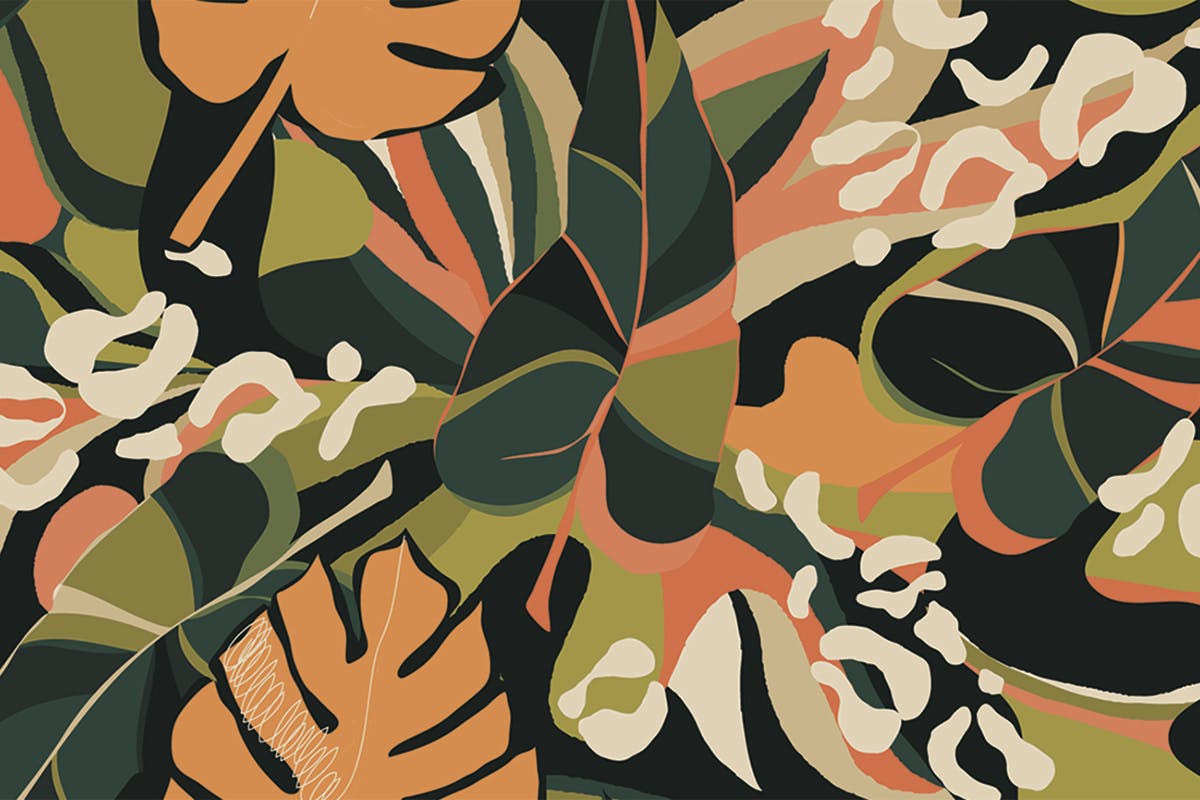 Earth tone illustration of flowers and leaves