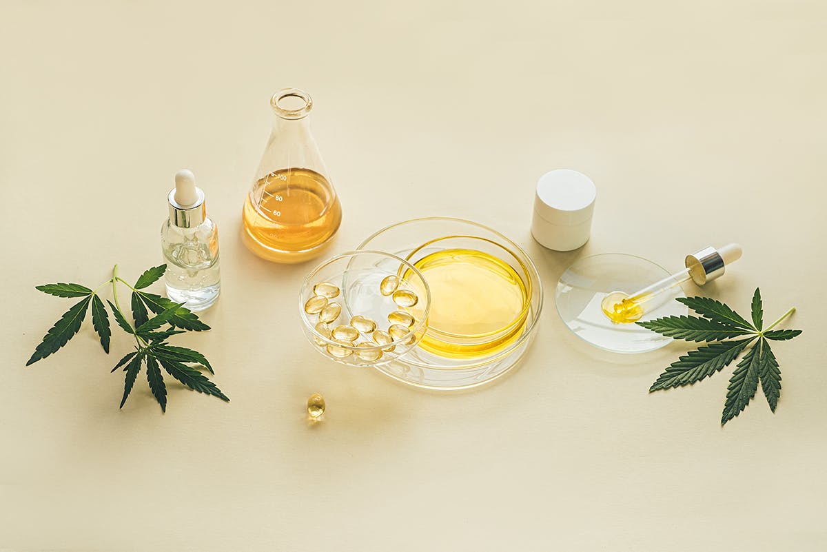 Products with CBD oil in laboratory glassware, Petri dishes, Capsules, cosmetics, THC tincture, pipette, with CBD oil and hemp leaves, light background. The concept of medical cannabidiol