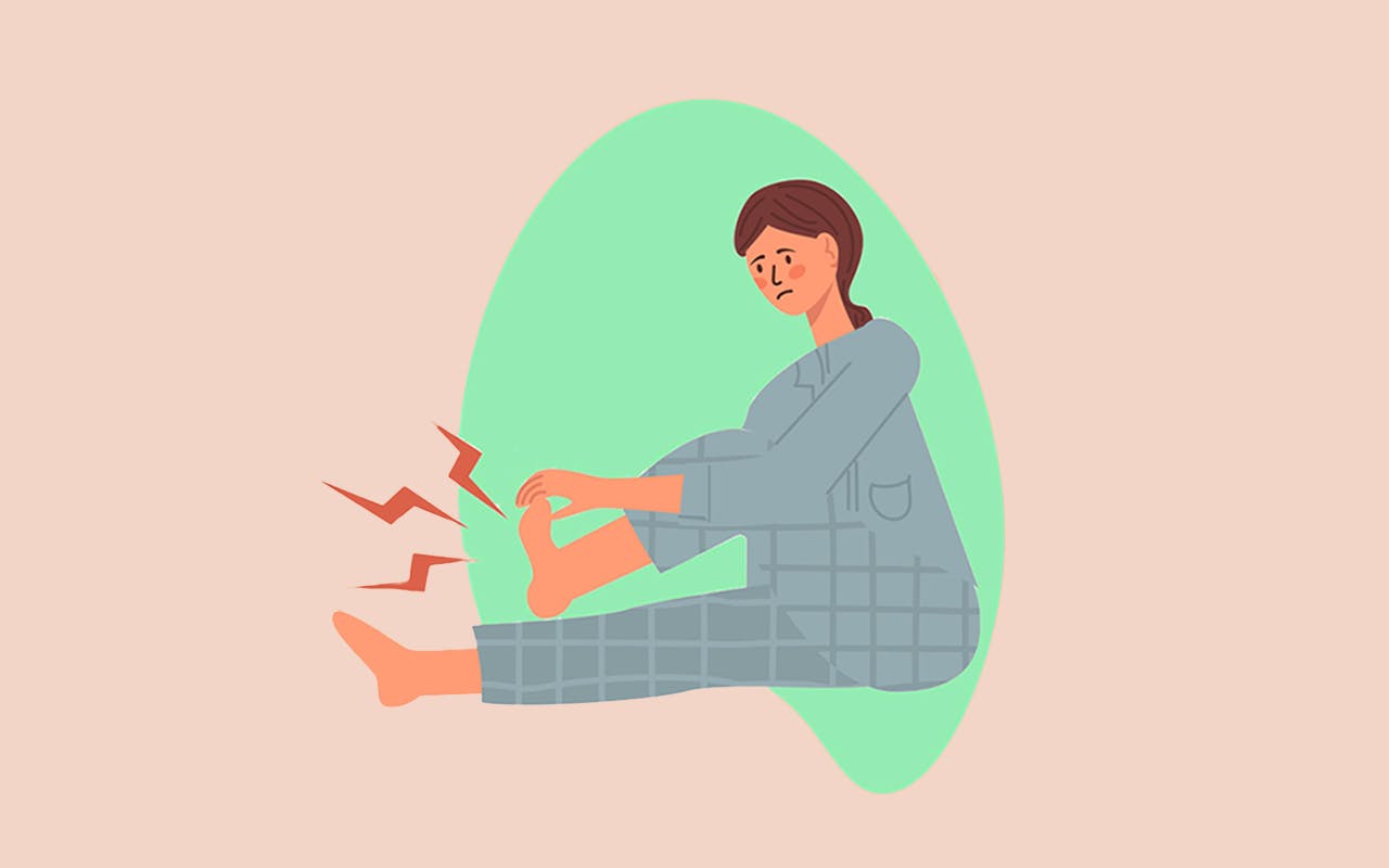 Young woman having a foot sole cramp, feeing pain and suffering for this. Vector illustratin in trendy live flat style. Healthcare, pain, sickness, disease concept, isolated on a white background.