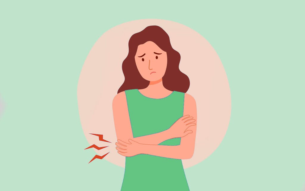 Young woman having arm pain in flat design on white background. Physical injury. Muscle or bone problem.