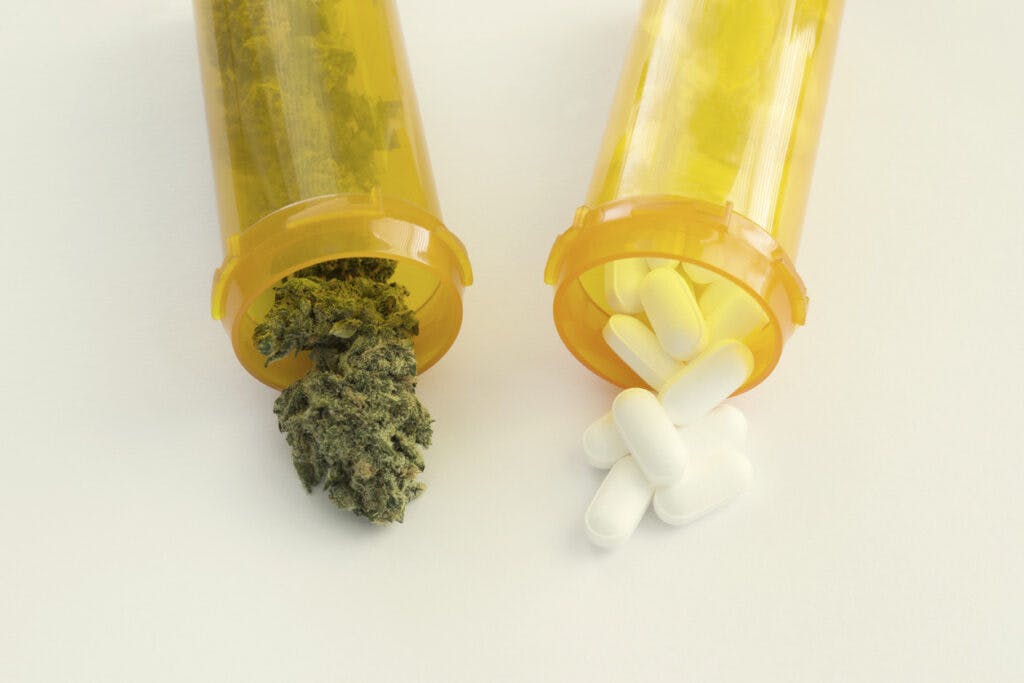 Two orange pill bottles laying down next to one another.  One is filled with marijuana flower buds and the other is filled with white prescription pills.  Studio shot on a white background.
