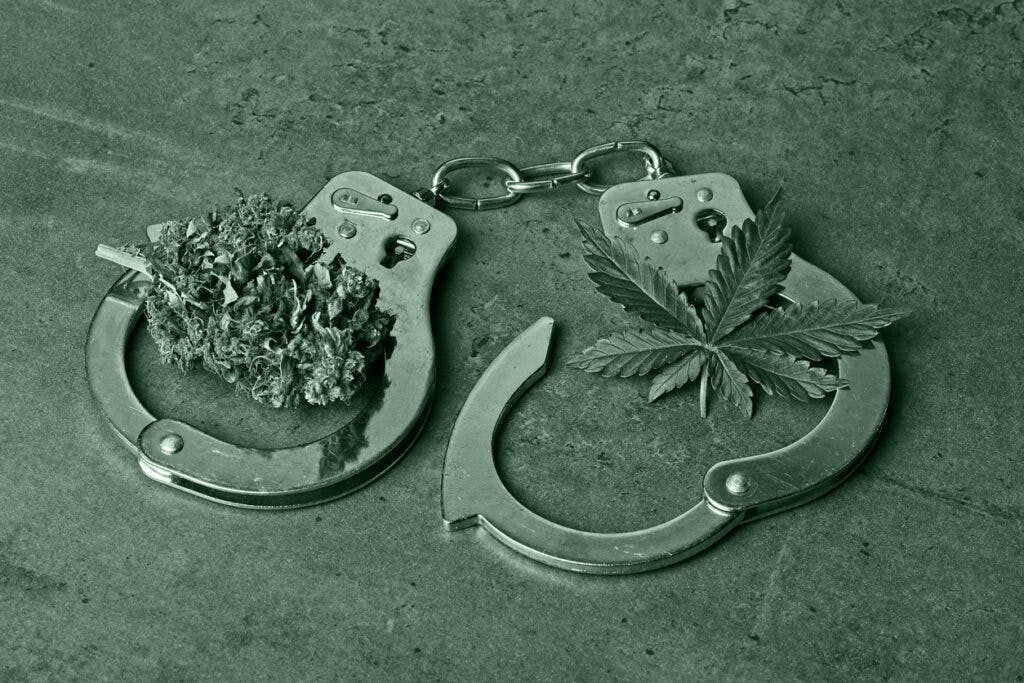 Cannabis bud and leaf with handcuffs depicting legal, law and decriminalization concepts