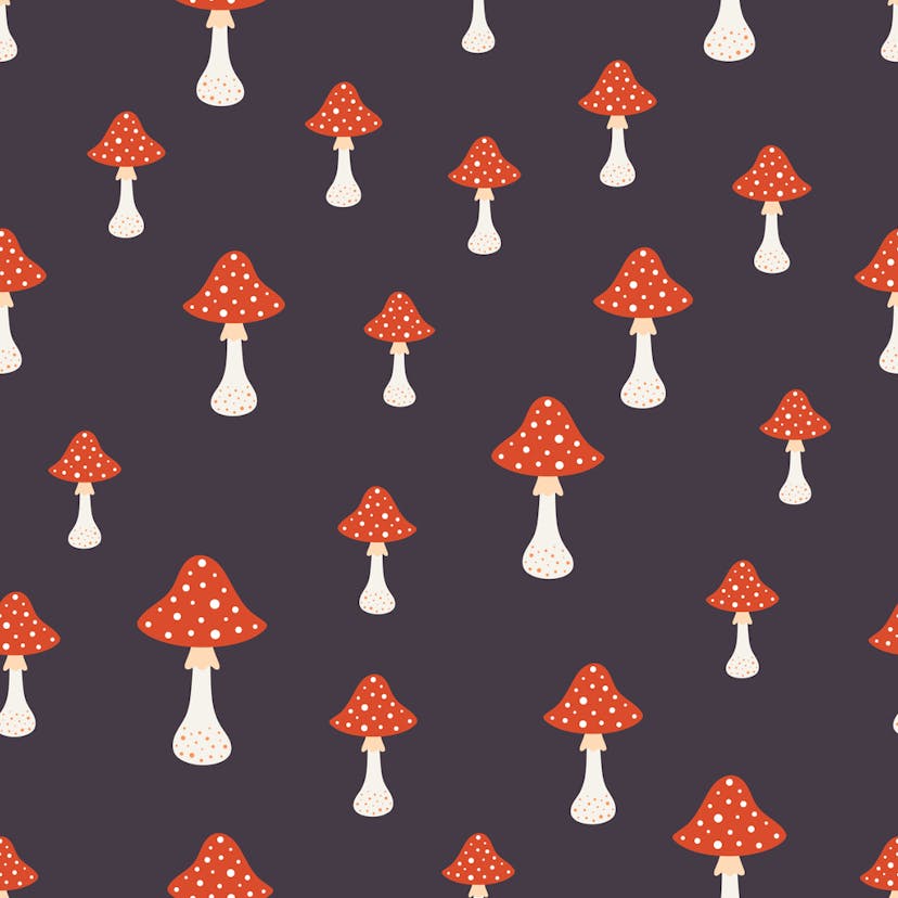 amanita mushroom seamless pattern, simple design, cute red mushrooms with white dots on dark background, vector illustration