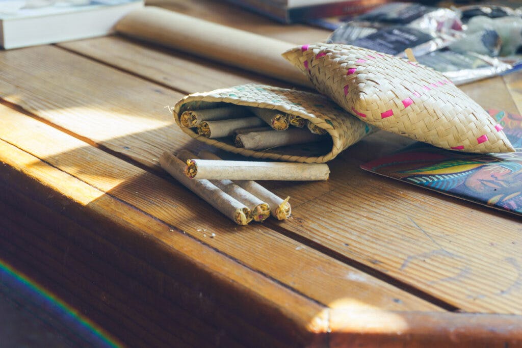A closeup shot of hand-wrapped joints on a table