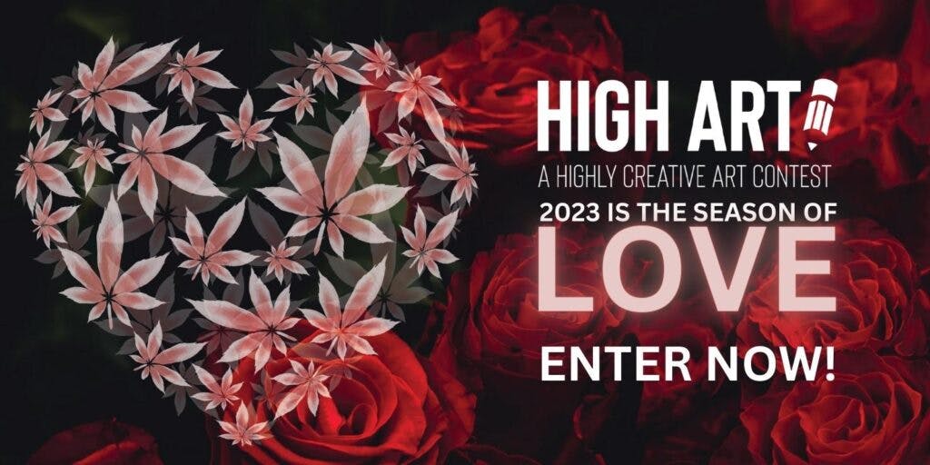 image of heart made out of cannabis leaves with text promoting the High Art Contest 2023