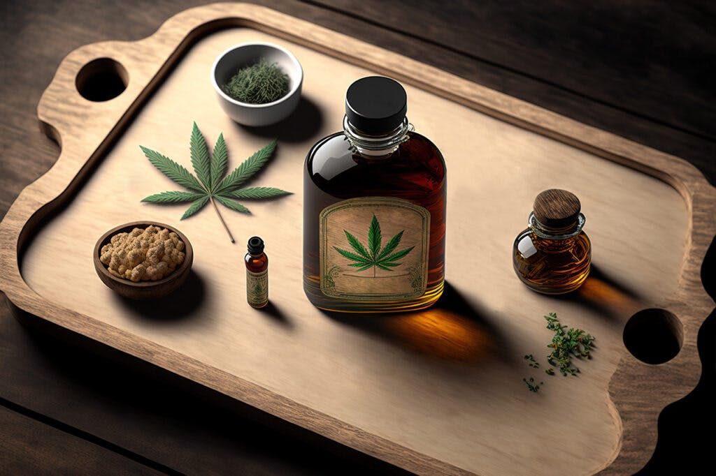 CBD oil preparation over wooden table. High angle view illustration. Alternative health care. Medicinal marijuana. Generative AI Illustration