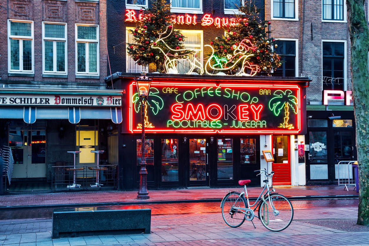 Amsterdam, Netherlands - January 6, 2013: Coffeeshop Smokey is a cannabis coffee shop located on the biggest square in Amsterdam, Rembrandt Square.