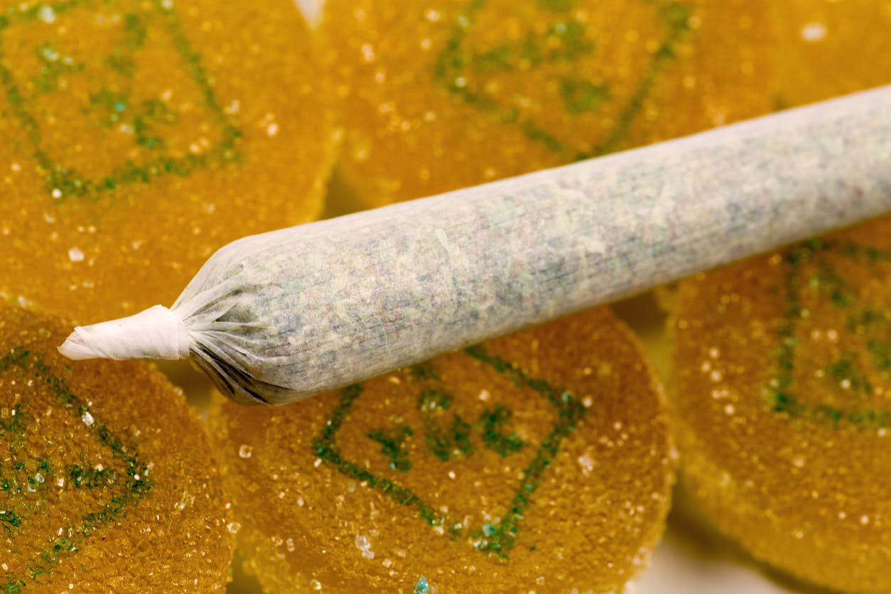 Marijuana Joint on top of a cannabis edibles