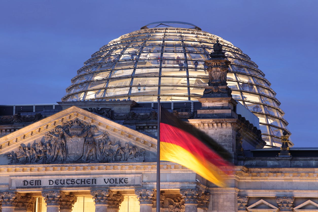 Detail of the Reichstag in Berlin at dusk.